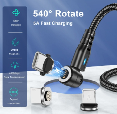 540 Degree Rotary Magnetic Adhesive Data Cable Blind Magnetic Charging Cable Three In One