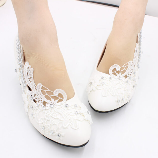 Lace Silver Sequins Adorn White Wedding High Heels