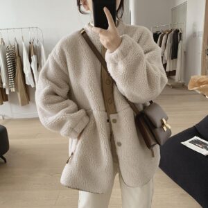 Lamb Wool Coat For Women Winter New Loose Slimming Stand Collar Padded Coat