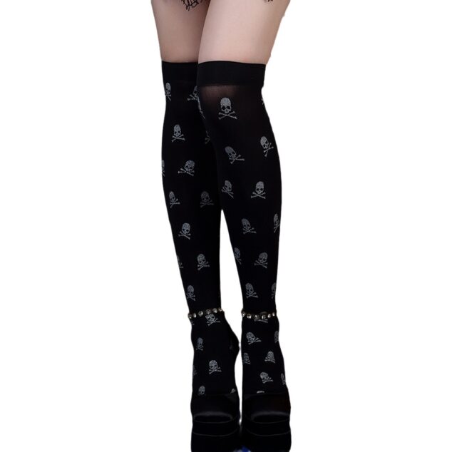 Halloween Black Over-the-knee Printed Skull Thigh High Socks